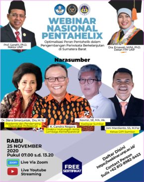 Read more about the article WEBINAR NASIONAL “OPTIMALISASI PERAN PENTAHELIK DALAM PENGEMBANGAN PARIWISATA BERKELANJUTAN DI SUMATERA BARAT” FAKULTAS PARIWISATA DAN PERHOTELAN UNIVERSITAS NEGERI PADANG